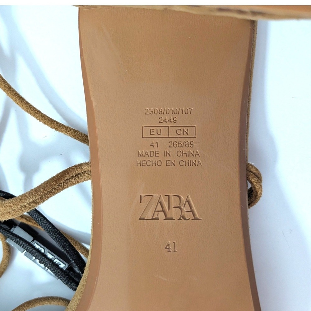 ZARA Lace Up Block Heel Sandals Brown Faux Suede Square Toe Strappy Sz 41 / 10.5 - Picture 4 of 14
